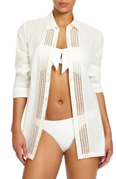 Robin Piccone Marina Ladder Stitch Embroidered Semisheer Cotton Cover-up Shirt In White
