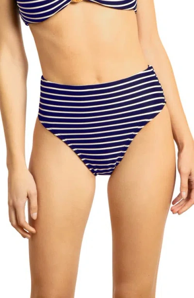 Robin Piccone Parker Stripe High Waist Rib Bikini Bottoms In Blue