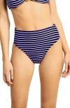 Robin Piccone Parker Stripe High Waist Rib Bikini Bottoms In Blue
