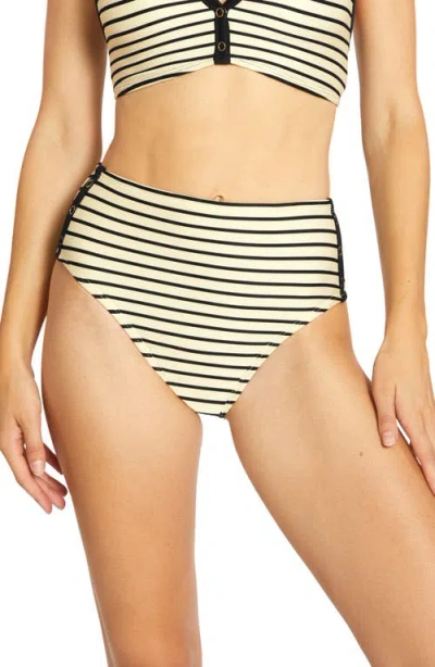 Robin Piccone Parker Stripe High Waist Rib Bikini Bottoms In Ecru/black