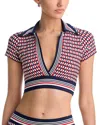 Robin Piccone Simone Short Sleeve Tankini Top In Navy/red