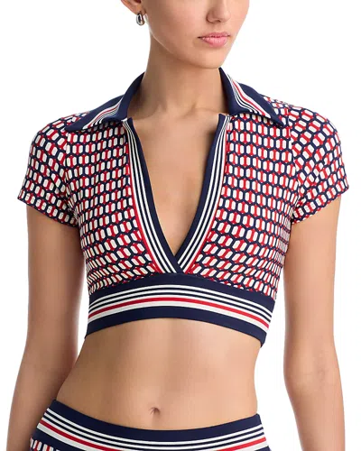 Robin Piccone Simone Short Sleeve Tankini Top In Navy/red