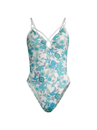 Robin Piccone Women's Nerissa Floral Lace-up One-piece Swimsuit In Blue