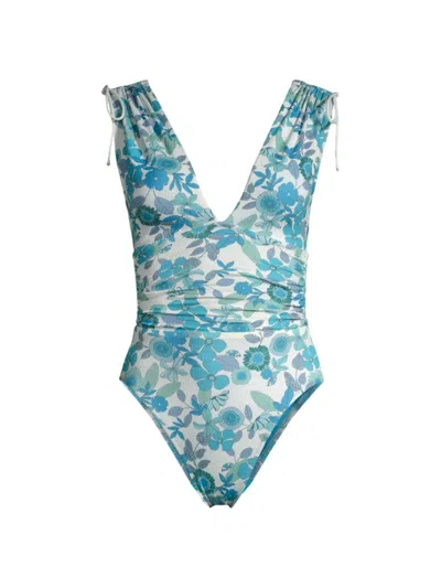 Robin Piccone Women's Nerissa Floral Plunge One-piece Swimsuit In Blue Combo