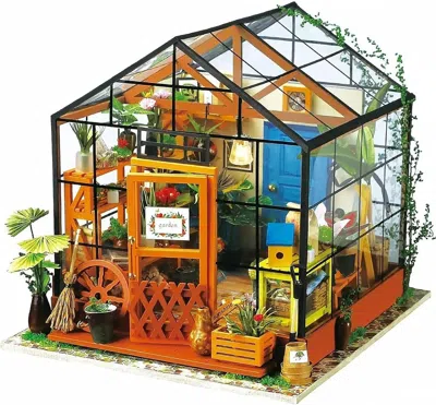 Robotime Mini Greenhouse Diy Dollhouse Kit - Cathy's Flower House With Led Lighting, Ideal Birthday Gift In Animal Print