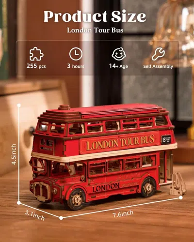 Robotime Rolife London Tour Bus 3d Wooden Puzzle Model Kit - Craft Collectible Gift For Children In Multi