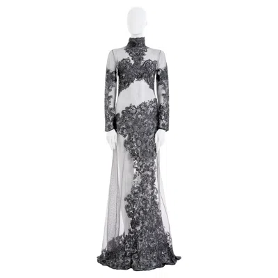 Pre-owned Rocco Barocco Couture F/w 1997 Semitransparent Floral Silver Silk Long Dress In Gray