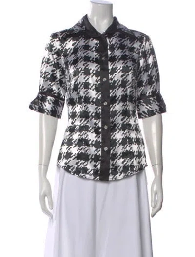 Pre-owned Roccobarocco Houndstooth Print Short Sleeve Button-up Top In White