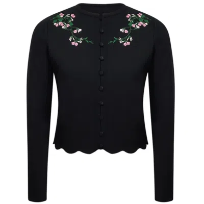 Roch Perel Women's Black / Pink Black Scalloped Floral Cardigan