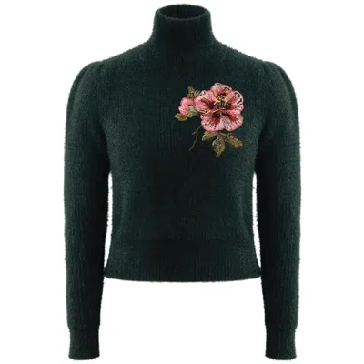 Roch Perel Women's Green Flower Fur Knit Sweater