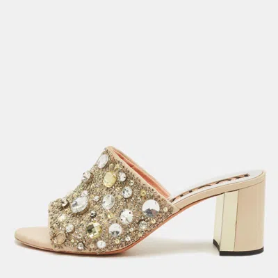 Rochas Beige Suede Crystal Embellished Slide Sandals