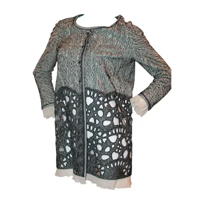 Pre-owned Rochas Black & White Long Jacket W/ Aqua Stitching & Lace Cutout Bottom - 6