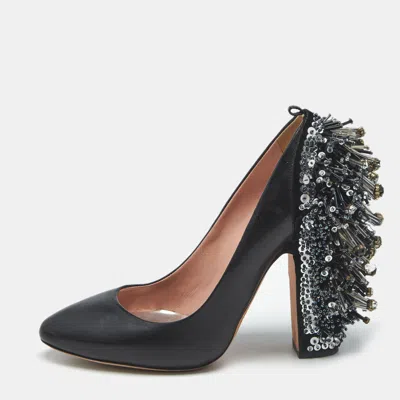 Rochas Black Leather Crystal Embellished Block Heel Pumps In Multi