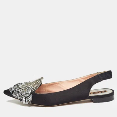 Rochas Black Satin Crystal Embellished Flat Slingback Sandals
