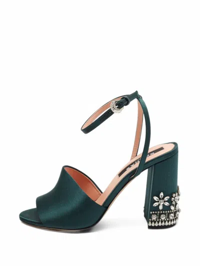 Pre-owned Rochas Crystal-embellished Block-heel Sandals In Green