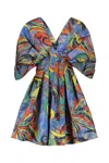 Rochas Mini Dress In Printed Double Taffeta Whit Pleated Details. In Multicolor