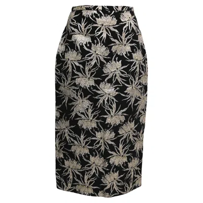 Rochas Floral Brocade Midi Pencil Skirt In Black And Gold Polyester