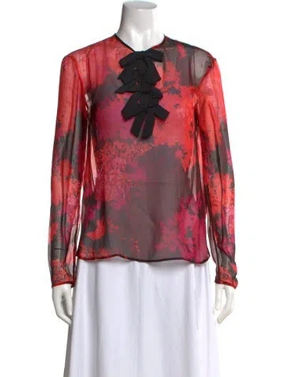 Pre-owned Rochas Floral Print Tie Neck Blouse In Red
