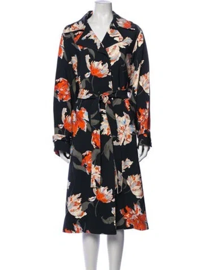 Pre-owned Rochas Floral Print Trench Coat In Blue