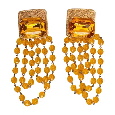 Pre-owned Rochas Golden Gilted Metal Clip-on Earrings With Rhinestones & Beads In Multi