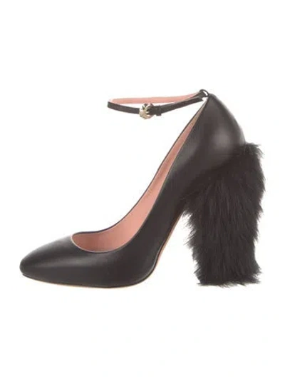 Pre-owned Rochas Leather Fur Trim Pumps In Brown