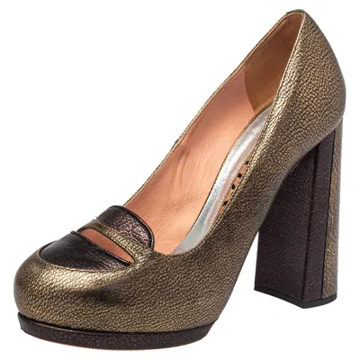Rochas Metallic Bronze/brown Leather Block Heel Loafer Pumps In Gold