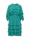 Rochas Ruffle Detail Pleated Asymmetric Dress In Green