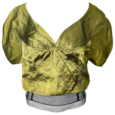 Pre-owned Rochas Nwt  Runway Fall 2004 Size 42 / 10 Gold Silk Short Sleeve Crop Top Blouse In Brown
