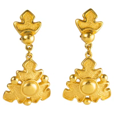 Pre-owned Rochas Paris Textured Gilded Metal Dangle Clip Earrings In Multi