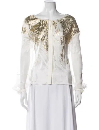 Pre-owned Rochas Patterned Tie Neck Blouse In Gold