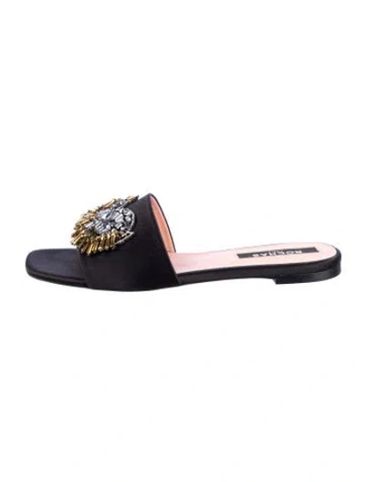 Pre-owned Rochas Satin Beaded Accents Slides In Blue