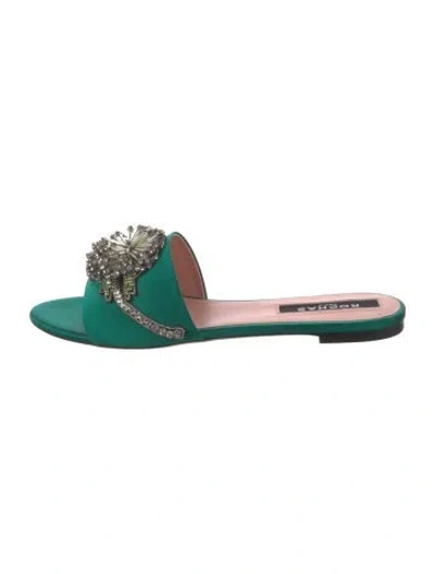 Pre-owned Rochas Satin Crystal Embellishments Slides In Green