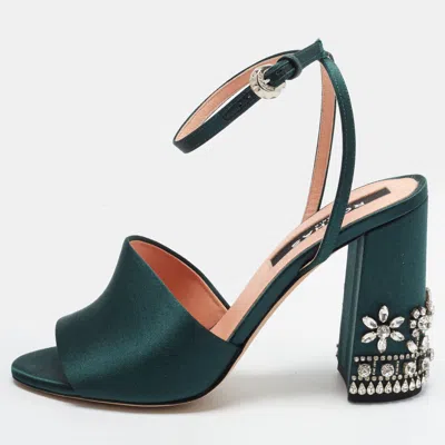 Pre-owned Rochas Size 36 Dark Green Satin Crystal Embellished Block Heel Ankle Strap Sandals