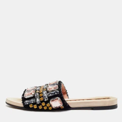 Pre-owned Rochas Size 38 Black/beige Satin And Suede Crystal Embellished Flat Slides