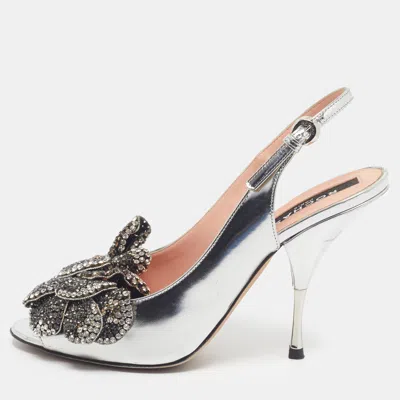 Pre-owned Rochas Size 38 Silver Leather Crystal Embellished Slingback Sandals