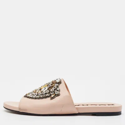 Pre-owned Rochas Size 39 Beige Leather Crystal Embellished Flat Slide Sandals