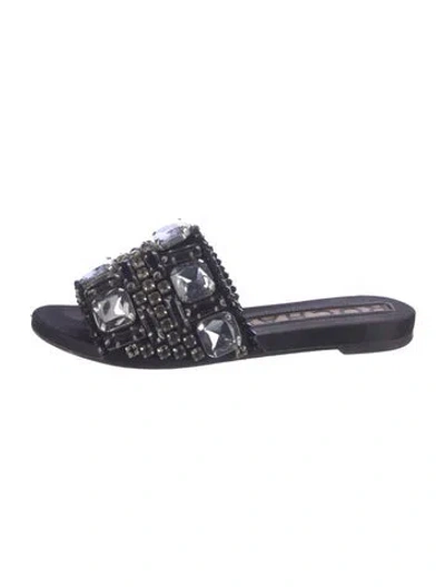 Pre-owned Rochas Suede Crystal Embellishments Slides In Blue