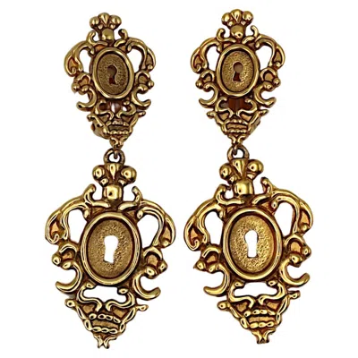 Pre-owned Rochas Vintage Gold Tone Baroque Keyhole Dangle Earrings In Multi