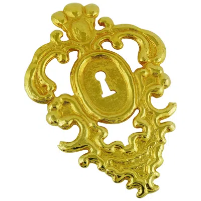 Pre-owned Rochas Vintage Oversized Gold Toned Baroque Lock Brooch In Brown
