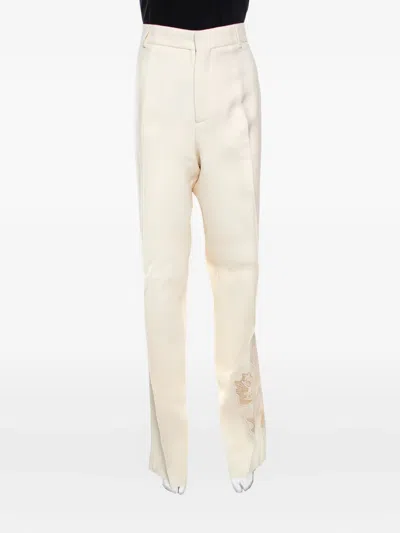 Pre-owned Rochas Vintage  Floral Embroidery Trousers In Neutral