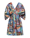 Rochas Mini Dress In Printed Double Taffeta Whit Pleated Details. In Blue