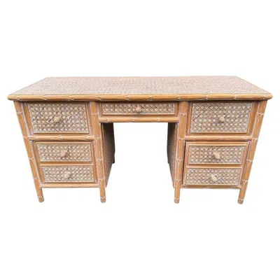 Pre-owned Roche Bobois A 1980s Colonial Style Carved Wood And Rattan Desk By  In Brown