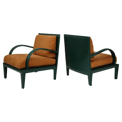 Pre-owned Roche Bobois Hermes Inspired Saddle Stitched Brown Green Leather Lounge Chairs, 1980s, France
