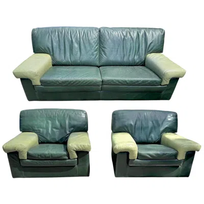 Pre-owned Roche Bobois Matching Sofa And Lounge Chairs In Original Green Ostrich Leather