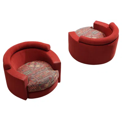 Pre-owned Roche Bobois Pair Of Lounge Chairs In Red And Patterned Upholstery
