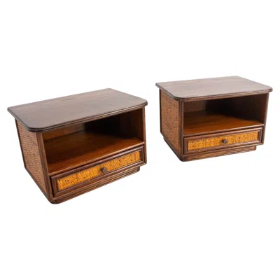 Pre-owned Roche Bobois Pair Of Nightstand Tables Bedside Cabinets Rattan & Massive Elm Circa 1970 In Brown