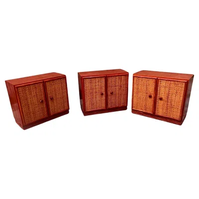 Pre-owned Roche Bobois Small Wood And Rattan Cabinet - Leather Knobs - Maugrion/ - 80's In Brown