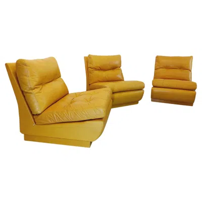 Pre-owned Roche Bobois Suite De 3 Fauteuils Chauffeuses  Vintage En Cuir Jaune Moutarde In Orange
