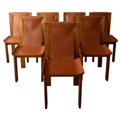 Pre-owned Roche Bobois Wood Leather Dining Chairs By Luigi Gorgoni For , 1970s, Set Of 7 In Brown