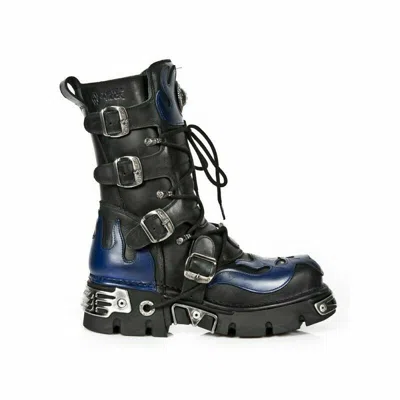 Pre-owned Rock 107-c5 Unisex Boots Black Blue Leather Skull Devil Gothic Punk Biker